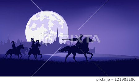 horseback king and knights with medieval castle city moon night silhouette vector scene 121903180