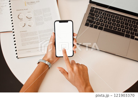 Business phone blank screen display in businessperson hands showing marketing, advertising or copy space from above. Finger typing, using wireless tech for online app, website or new modern software Business phone blank screen display in businessperson hands showing marketing, advertising or copy space from above. Finger typing, using wireless tech for online app, website or new modern software 121903370
