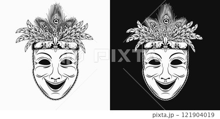 Theatrical comedy face mask with bundle of colorful feathers on top. Detailed illustration in vintage style. Mardi Gras decoration. Front view. Theatrical comedy face mask with bundle of colorful feathers on top. Detailed illustration in vintage style. Mardi Gras decoration. Front view. 121904019