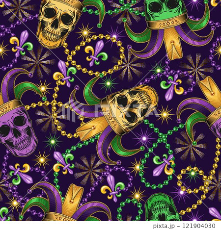 Seamless Mardi Gras pattern with human skull in jester hat, interlaced strings of beads, Fleur de Lis sign, stars. Randomly scattered objects. Festive holiday design. Vintage style Seamless Mardi Gras pattern with human skull in jester hat, interlaced strings of beads, Fleur de Lis sign, stars. Randomly scattered objects. Festive holiday design. Vintage style 121904030
