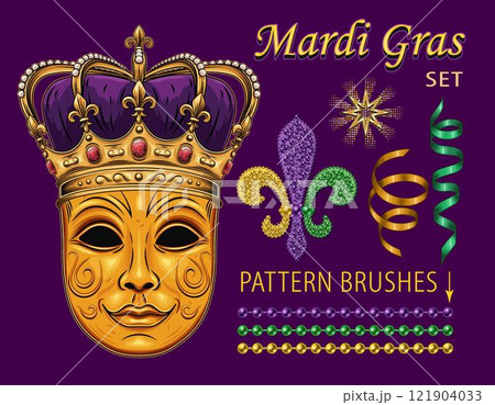 Pack of design elements for Mardi Gras masquerade with venetian mask in crown, bead strings, streamer ribbons, golden star, beaded fleur de lis sign, text. Clip art in vintage style. Pack of design elements for Mardi Gras masquerade with venetian mask in crown, bead strings, streamer ribbons, golden star, beaded fleur de lis sign, text. Clip art in vintage style. 121904033