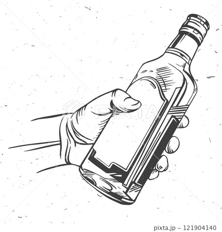 Retro Male hand holding bottle of scotch whisky or brandy. Vector illustration. Hand drawn design element bottle of scotch whisky or brandy. For logo design, patches, stickers Retro Male hand holding bottle of scotch whisky or brandy. Vector illustration. Hand drawn design element bottle of scotch whisky or brandy. For logo design, patches, stickers 121904140