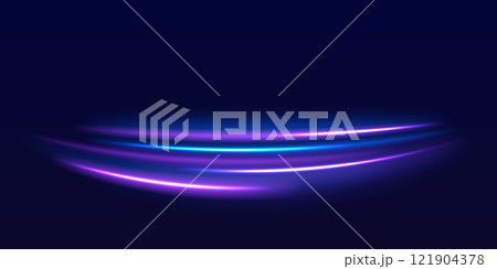 Speed police line. Laser beams, horizontal light rays. Magic shining neon light line trails. Purple glowing wave swirl, impulse cable lines. High speed effect motion blur night lights 121904378
