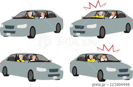 乗用車を運転する高齢者.驚く運転手と助手席の女性のイラスト 121904498