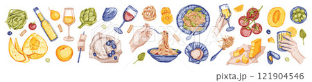 Italian food vector set, watercolor hand drawn dinner illustration, pasta plate, wine glass, cheese. Italian food vector set, watercolor hand drawn dinner illustration, pasta plate, wine glass, cheese. 121904546