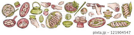 Chinese New Year traditional food doodle set, vector hand drawn Asian festive dinner, dumplings. Chinese New Year traditional food doodle set, vector hand drawn Asian festive dinner, dumplings. 121904547