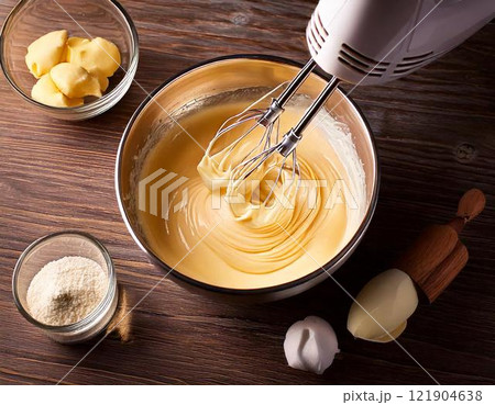 ホイッパーで生地を混ぜているイメージ 121904638