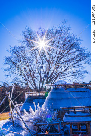 【山梨県】西湖野鳥の森公園・氷に包まれた古民家オブジェと富士山 【山梨県】西湖野鳥の森公園・氷に包まれた古民家オブジェと富士山 121904985