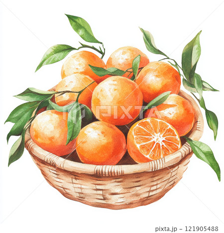 Fresh oranges in woven basket with green leaves, showcasing vibrant colors and natural beauty. for Chinese New Year 121905488