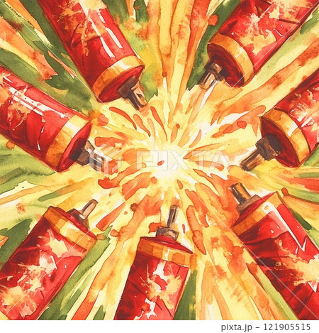 Explosive burst of red spray paint cans in vibrant watercolor style for Chinese New Year 121905515