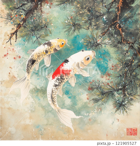 Hand painted watercolor fish swimming gracefully in serene pond. for Chinese New Year 121905527