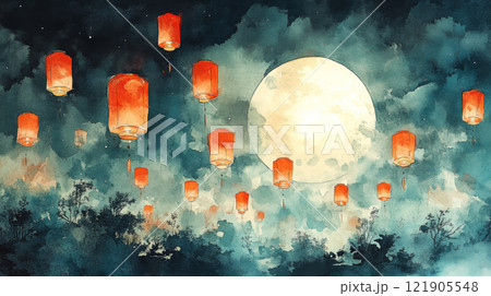 serene watercolor depiction of moonlit sky with floating lanterns, creating magical atmosphere. for Chinese New Year 121905548