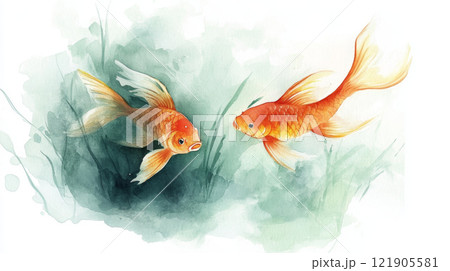 Watercolor fish swimming in serene aquatic scene, showcasing vibrant colors and gentle movement. for Chinese New Year 121905581