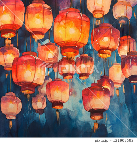 Watercolor hand painted red lanterns glowing softly in night sky. for Chinese New Year Watercolor hand painted red lanterns glowing softly in night sky. for Chinese New Year 121905592