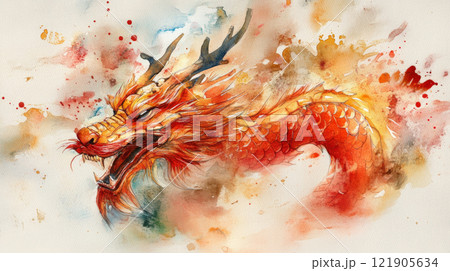 vibrant watercolor illustration of majestic dragon, showcasing fiery colors and intricate details, evokes sense of wonder. for Chinese New Year vibrant watercolor illustration of majestic dragon, showcasing fiery colors and intricate details, evokes sense of wonder. for Chinese New Year 121905634