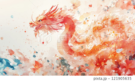 vibrant watercolor illustration of majestic dragon in motion, showcasing its fiery colors and dynamic form. for Chinese New Year vibrant watercolor illustration of majestic dragon in motion, showcasing its fiery colors and dynamic form. for Chinese New Year 121905635