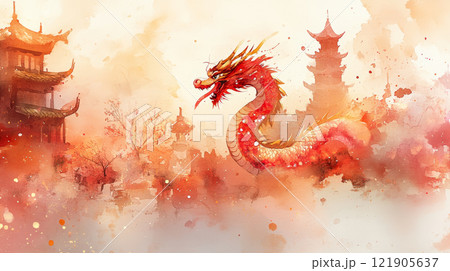 vibrant watercolor illustration of red dragon amidst ancient architecture, evoking sense of mystique and tradition. for Chinese New Year 121905637