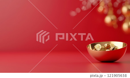 close up of decorative gold ingot in bowl on red background, symbolizing prosperity and wealth. for Chinese New Year 121905638