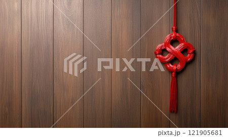 decorative red Chinese knot hanging on wooden wall, symbolizing good luck and prosperity. for Chinese New Year 121905681