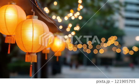 Traditional Chinese lanterns illuminate festive atmosphere with warm light. for Chinese New Year 121905705