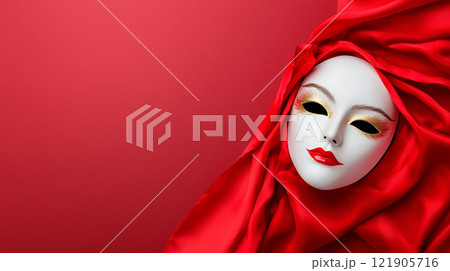 traditional Chinese opera mask with red fabric backdrop, showcasing elegance and artistry. for Chinese New Year 121905716