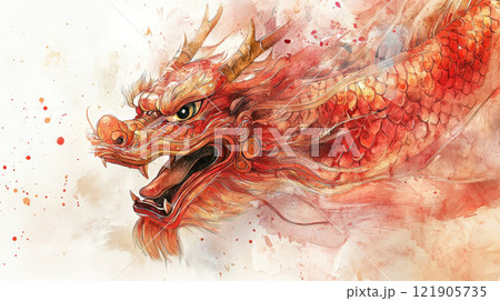 vibrant watercolor dragon illustration with fierce expression and dynamic colors. for Chinese New Year 121905735
