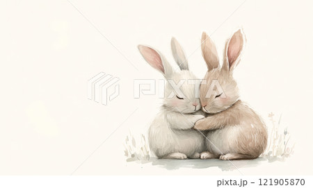 Valentine's Day sweet watercolor illustration of two rabbits embracing, conveying warmth and love 121905870