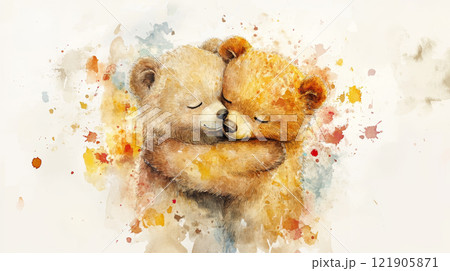 Valentine's Day sweet watercolor scene of two cartoon bears embracing warmly 121905871