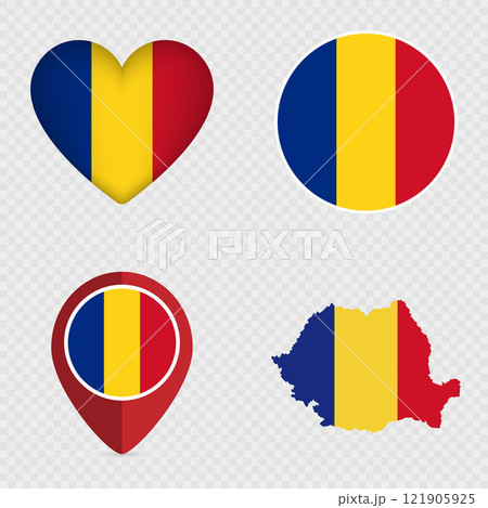 Romania Flag Icons Pack. Vector illustration. Romania Flag Icons Pack. Vector illustration. 121905925