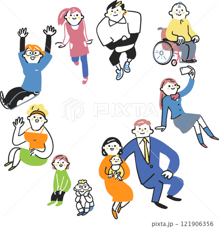 円を描いて集まる様々な年齢やライフスタイルを持つ人々　セットのストックイラスト素材 121906356
