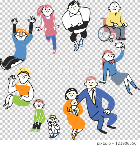 円を描いて集まる様々な年齢やライフスタイルを持つ人々　セットのストックイラスト素材 121906356