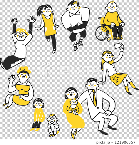 円を描いて集まる様々な年齢やライフスタイルを持つ人々　セットのストックイラスト素材 121906357