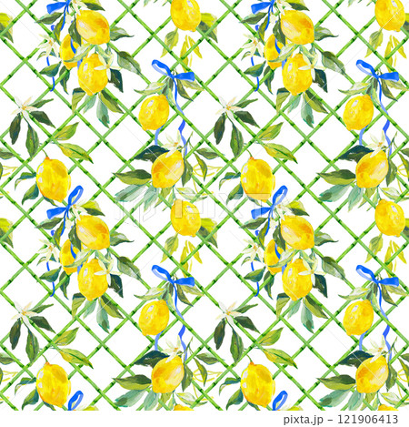 Beautiful seamless pattern with hand drawn bamboo lattice and lemons in vacation style. Ready print design. 121906413
