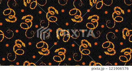 Snake seamless pattern with textured skin. Chinese happy new year 2025 the snake zodiac sign illustration on black background 121906576