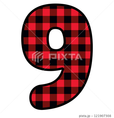 Alphabet number font, red lumberjack plaid pattern for 9 121907308