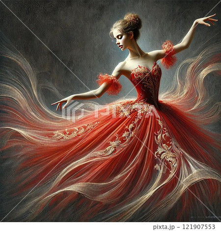 赤いロングドレスのバレリーナ【AI生成画像】のイラスト素材