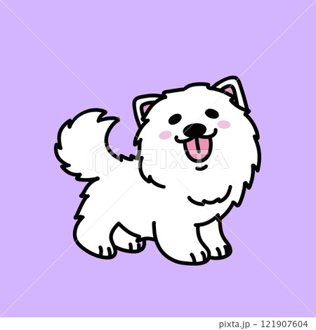 Cute Samoyed white dog puppy. Hand-drawn cartoon vector 121907604