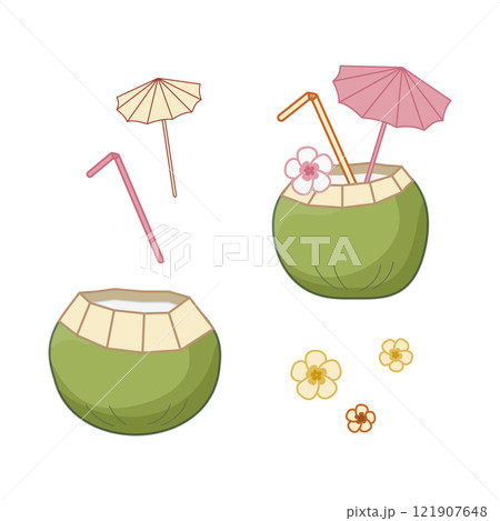 Enjoying tropical green coconut drink with pink umbrella, tropical flowers and straw. Isolated vector illustration cocktail details. Enjoying tropical green coconut drink with pink umbrella, tropical flowers and straw. Isolated vector illustration cocktail details. 121907648