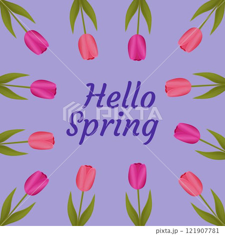 Hello spring. Spring banner, poster with tulips. 121907781
