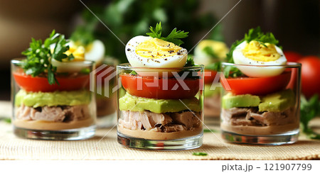 Fresh tuna salad with egg , avocado, vegetables, greens in a glass on a  table . 121907799