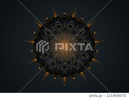 Gold Luxury Sacred Mandala template. Flower round design element isolated on black background. Circle pattern in golden color. Vector illustration for logo, monogram, web design, decoration, business 121908078