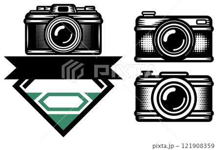 Retro Camera Collection with Superhero Emblem Design 121908359
