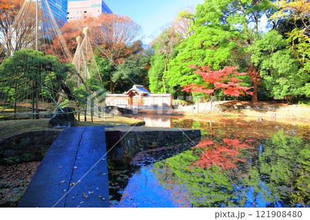 【東京都】快晴のシンメトリーな小石川後楽園の内庭の紅葉 【東京都】快晴のシンメトリーな小石川後楽園の内庭の紅葉 121908480