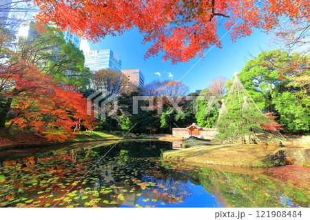 【東京都】快晴のシンメトリーな小石川後楽園の内庭の紅葉 【東京都】快晴のシンメトリーな小石川後楽園の内庭の紅葉 121908484