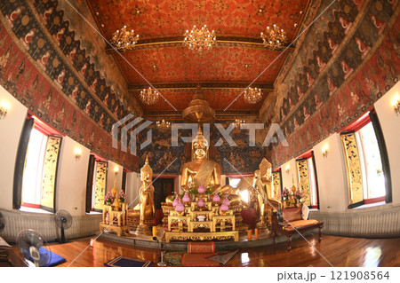 Wat Nang Chi Chotikaram have Buddha image in the meditation posture is enshrined. Surrounded by several Buddha images, behind the main Buddha image is a reclining Buddha image. Wat Nang Chi Chotikaram have Buddha image in the meditation posture is enshrined. Surrounded by several Buddha images, behind the main Buddha image is a reclining Buddha image. 121908564