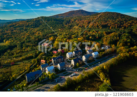 Modern residential buildings near vibrant autumn forest, aerial view. Contemporary apartments in suburban eco friendly neighborhood with green spaces near mountains in small European town 121908603