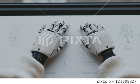 User engages in daily tasks with an adaptive AI prosthetic limb, showcasing seamless integration of technology and lifestyle in a modern indoor environment 121908827