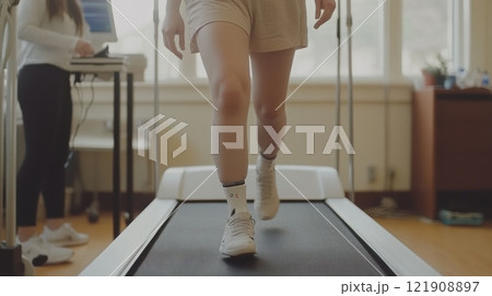 Patient demonstrating neural-controlled prosthetic leg technology on treadmill with researchers monitoring progress in advanced rehabilitation setting 121908897