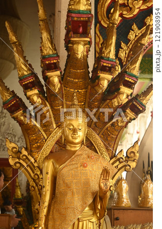 Golden standing Buddha statue and there is a serpent covering the back. decorated front of Buddhist Thai Church at Wat Naga Prok temple. Located at Bangkok capital city in Thailand. 121908954