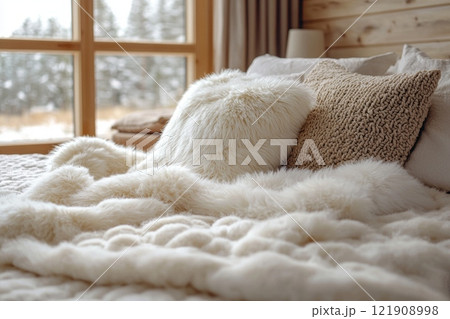 serene bedroom features cozy bed adorned cloud like blanket and plush pillows bathed in warm natural light. minimal decor enhances inviting ambiance. 121908998